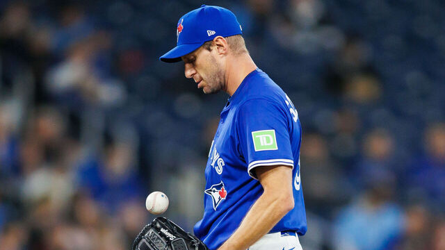 TORONTO, CANADA - MARCH 29: Max Scherzer #31 of the Toronto Blue Jays on the mound as he pitches in the second inning of their MLB game against the Baltimore Orioles at Rogers Centre on March 29, 2025 in Toronto, Ontario, Canada.