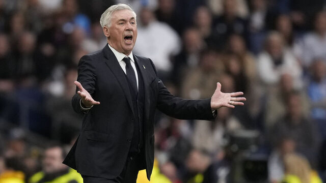Carlo Ancelotti head coach of Real Madrid reacts during the La Liga match between Real Madrid CF and RC Celta de Vigo at Estadio Santiago Bernabeu on May 4, 2025 in Madrid, Spain.