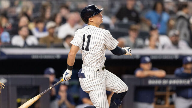 NEW YORK, NEW YORK - MAY 02: Anthony Volpe #11 of the New York Yankees hits a single during the fourth inning of the game against the Tampa Bay Rays at Yankee Stadium on May 02, 2025 in New York City.