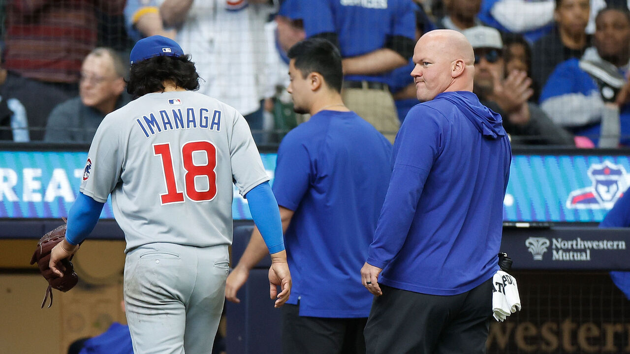 MILWAUKEE, WISCONSIN - MAY 04: Shota Imanaga #18 of the Chicago Cubs leaves the game with a hamstring injury in the sixth inning while covering first base on a double play attempt against the Milwaukee Brewers at American Family Field on May 04, 2025 in Milwaukee, Wisconsin.