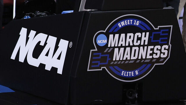 NEWARK, NJ - MARCH 29: A general view of the March Madness logo during the Elite 8 round of the NCAA Men's Basketball Tournament game the Duke Blue Devils and the Alabama Crimson Tide on March 29, 2025 at the Prudential Center in Newark, New Jersey.