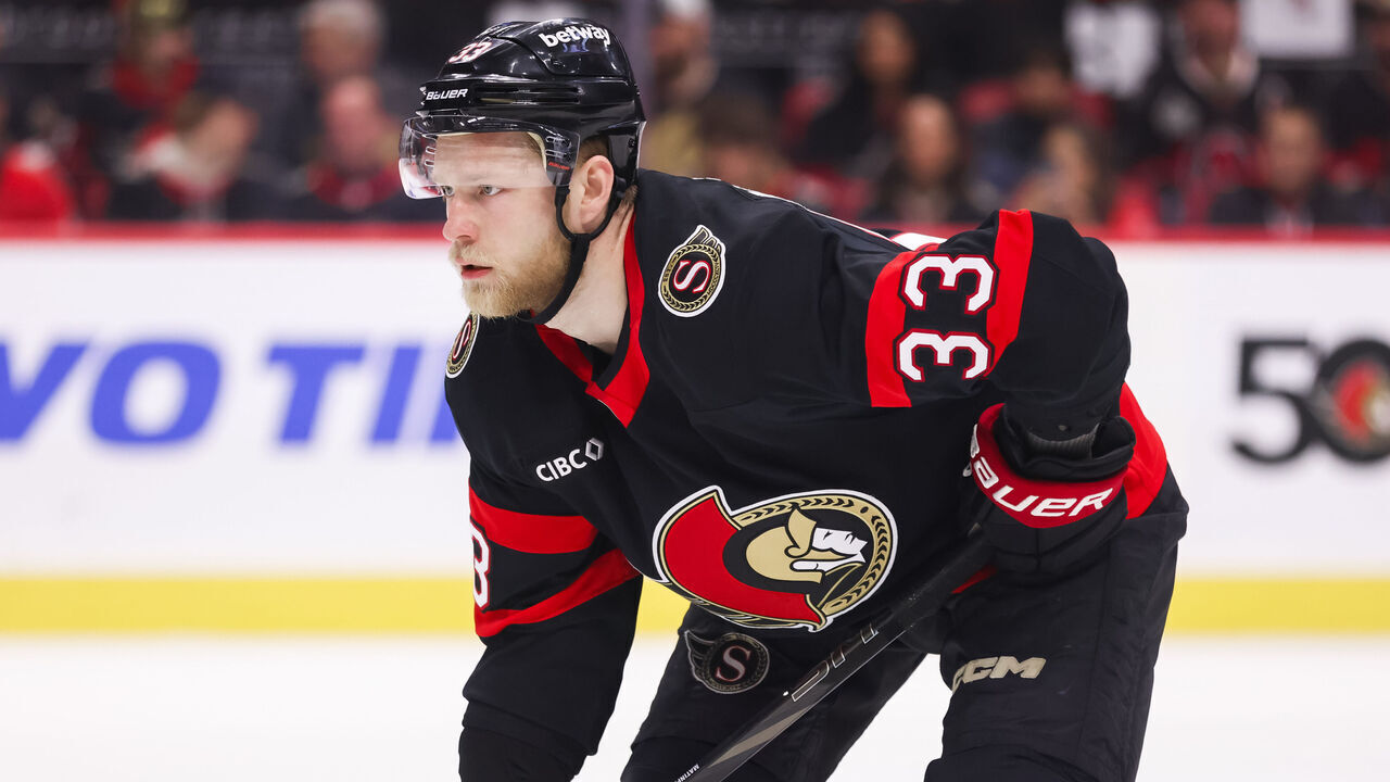 OTTAWA, ON - MAY 01: Ottawa Senators defenseman Nikolas Matinpalo (33) before a face-off during the first period of Game Six of the First Round of the 2025 Stanley Cup Playoffs between the Toronto Maple Leafs and Ottawa Senators on May 1, 2025, at Canadian Tire Centre in Ottawa, ON, Canada.