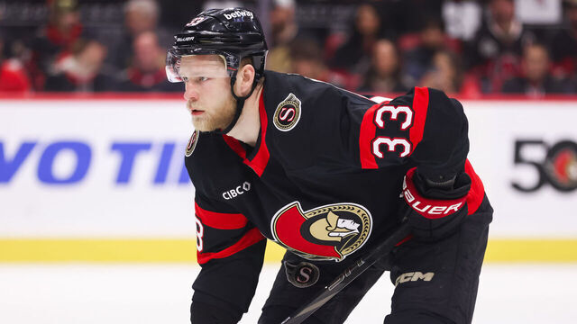 OTTAWA, ON - MAY 01: Ottawa Senators defenseman Nikolas Matinpalo (33) before a face-off during the first period of Game Six of the First Round of the 2025 Stanley Cup Playoffs between the Toronto Maple Leafs and Ottawa Senators on May 1, 2025, at Canadian Tire Centre in Ottawa, ON, Canada.