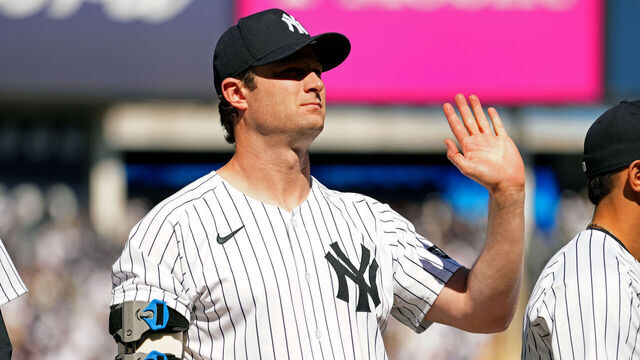NEW YORK, NY - MARCH 27: Gerrit Cole #45 of the New York Yankees acknowledges the crowd during the pre-game ceremony prior to the game between the Milwaukee Brewers and the New York Yankees at Yankee Stadium on Thursday, March 27, 2025 in New York, New York.