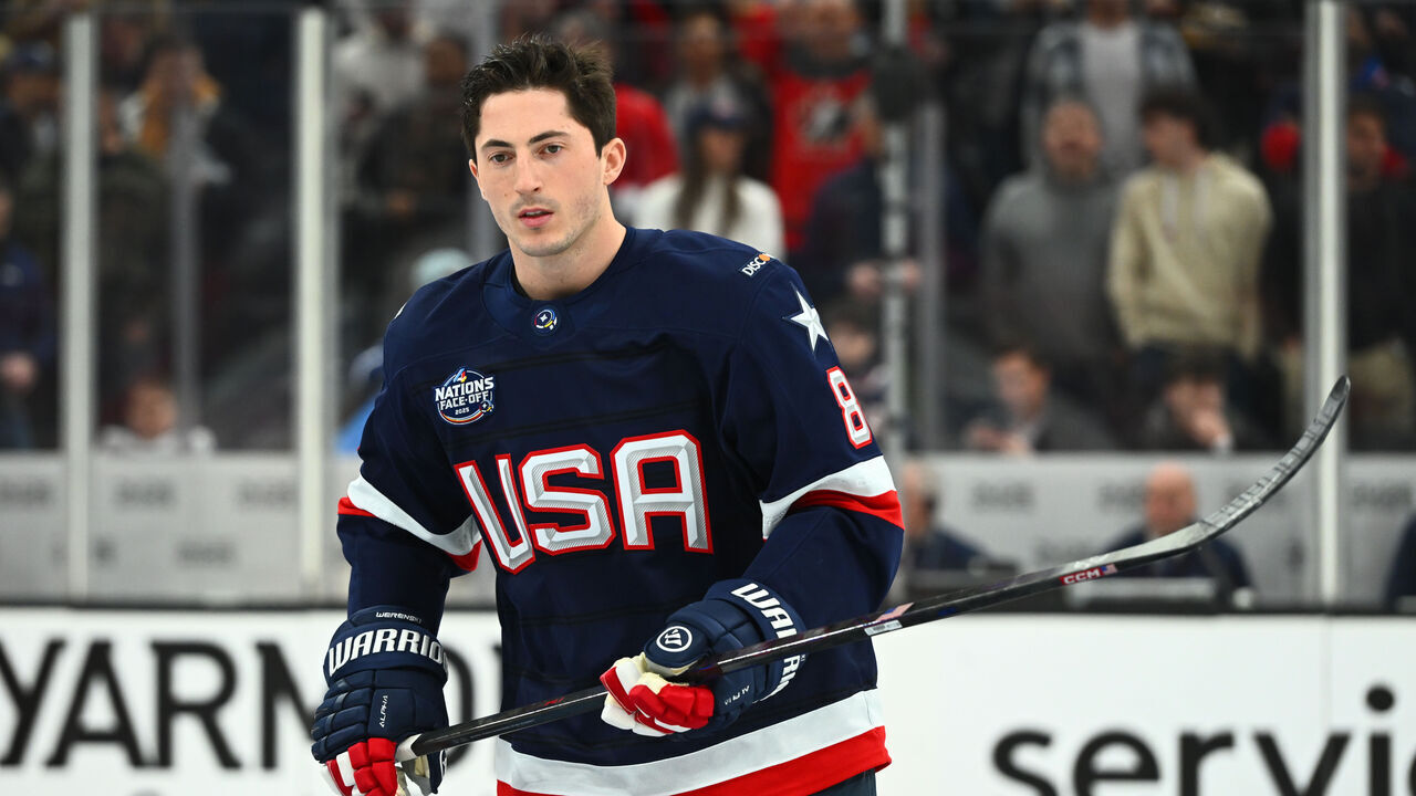 BOSTON, MASSACHUSETTS - FEBRUARY 20: Zach Werenski #8 of Team United States warms up before the 4 Nations Face-Off Championship game between Team Canada and Team United States at TD Garden on February 20, 2025 in Boston, Massachusetts.