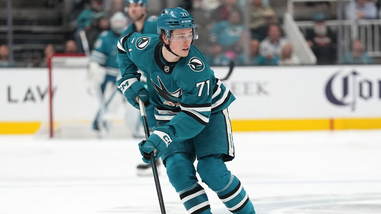 SAN JOSE, CALIFORNIA - APRIL 16: Macklin Celebrini #71 of the San Jose Sharks skates with control of the puck against the Edmonton Oilers during the second period of an NHL hockey game at SAP Center on April 16, 2025 in San Jose, California.