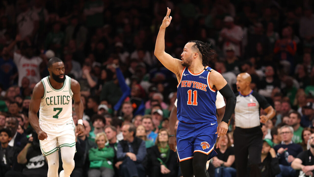 BOSTON, MASSACHUSETTS - MAY 05: Jalen Brunson #11 of the New York Knicks celebrates after making a three-point basket against the Boston Celtics during the fourth quarter in Game One of the Eastern Conference Second Round NBA Playoffs at TD Garden on May 05, 2025 in Boston, Massachusetts.