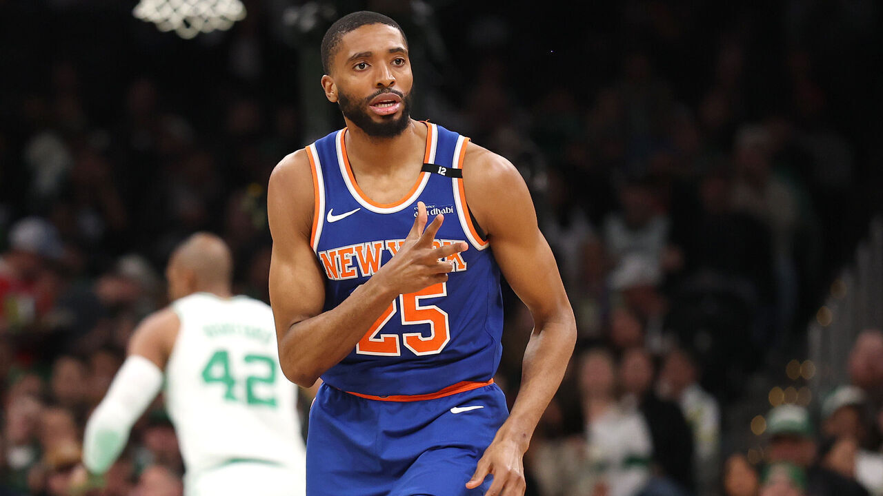 BOSTON, MASSACHUSETTS - MAY 05: Mikal Bridges #25 of the New York Knicks celebrates after making a three-point basket against the Boston Celtics during the third quarter in Game One of the Eastern Conference Second Round NBA Playoffs at TD Garden on May 05, 2025 in Boston, Massachusetts.