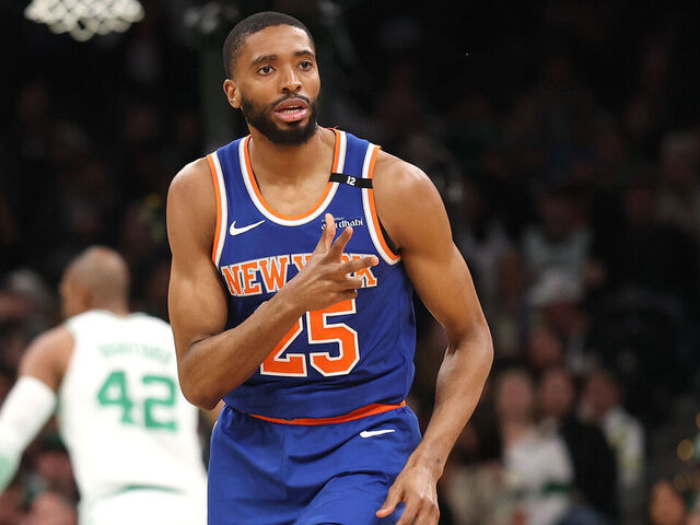 BOSTON, MASSACHUSETTS - MAY 05: Mikal Bridges #25 of the New York Knicks celebrates after making a three-point basket against the Boston Celtics during the third quarter in Game One of the Eastern Conference Second Round NBA Playoffs at TD Garden on May 05, 2025 in Boston, Massachusetts.