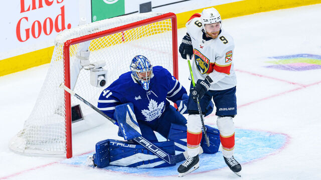 TORONTO, ON - MAY 05: Toronto Maple Leafs Goalie Anthony Stolarz (41) tends the net during the second period of the 2025 NHL Stanley Cup playoffs second round game one between the Florida Panthers and the Toronto Maple Leafs on May 5, 2025, at Scotiabank Arena in Toronto, ON, Canada.