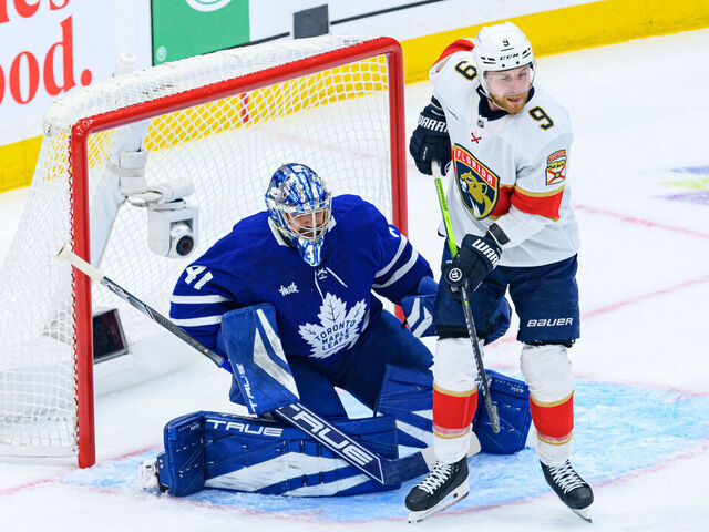 TORONTO, ON - MAY 05: Toronto Maple Leafs Goalie Anthony Stolarz (41) tends the net during the second period of the 2025 NHL Stanley Cup playoffs second round game one between the Florida Panthers and the Toronto Maple Leafs on May 5, 2025, at Scotiabank Arena in Toronto, ON, Canada.