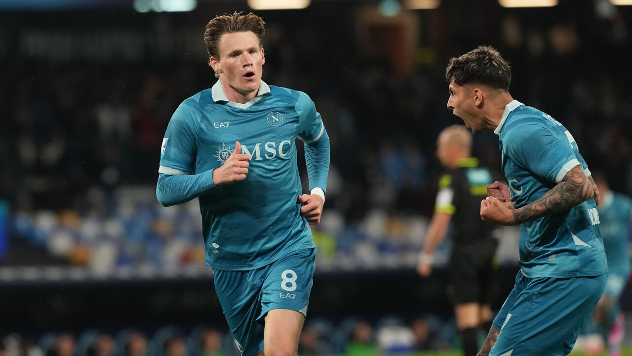 Scott McTominay of SSC Napoli celebrates after scoring during the Serie A match between SSC Napoli and Empoli FC at Stadio Diego Armando Maradona Naples Italy on 14 April 2025.