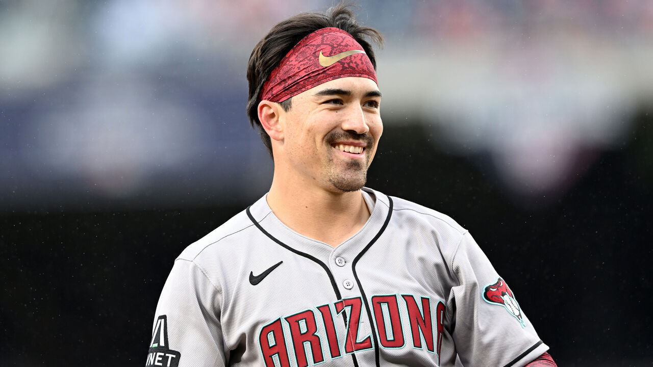 WASHINGTON, DC - APRIL 06: Corbin Carroll #7 of the Arizona Diamondbacks celebrates after hitting a triple against the Washington Nationals at Nationals Park on April 06, 2025 in Washington, DC.