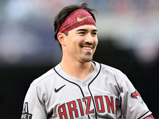 WASHINGTON, DC - APRIL 06: Corbin Carroll #7 of the Arizona Diamondbacks celebrates after hitting a triple against the Washington Nationals at Nationals Park on April 06, 2025 in Washington, DC.