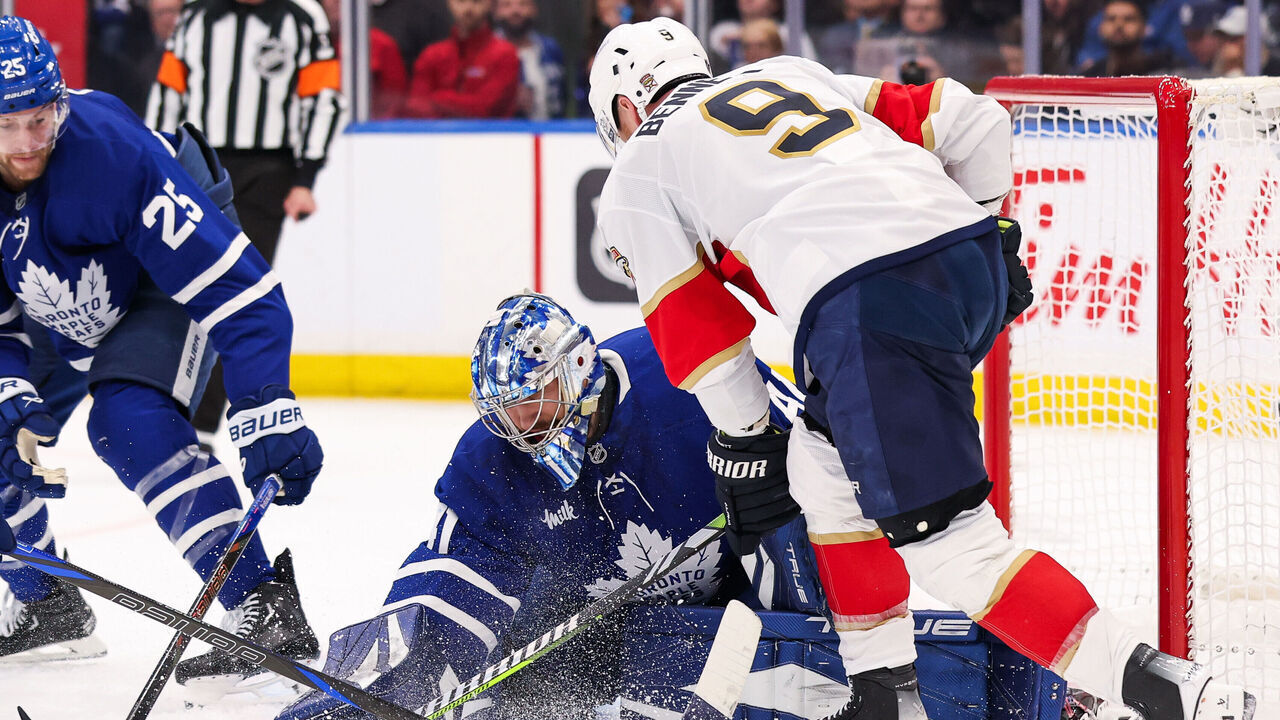 TORONTO, CANADA - MAY 5: Anthony Stolarz #41 of the Toronto Maple Leafs makes a save against Sam Bennett #9 of the Florida Panthers during the second period of Game One of the Second Round of the 2025 Stanley Cup Playoffs at Scotiabank Arena on May 5, 2025 in Toronto, Ontario, Canada.