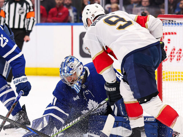 TORONTO, CANADA - MAY 5: Anthony Stolarz #41 of the Toronto Maple Leafs makes a save against Sam Bennett #9 of the Florida Panthers during the second period of Game One of the Second Round of the 2025 Stanley Cup Playoffs at Scotiabank Arena on May 5, 2025 in Toronto, Ontario, Canada.