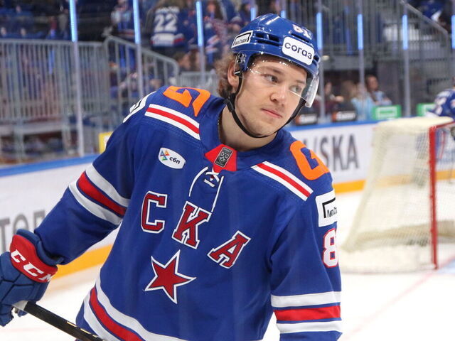 SAINT PETERSBURG, RUSSIA - 2025/03/11: Arseny Gritsyuk (81) of SKA Hockey Club seen in action during the Hockey match, Kontinental Hockey League 2024/2025 between SKA Saint Petersburg and Dinamo Minsk at the SKA Arena. (Final score; SKA Saint Petersburg 3:1 Dinamo Minsk).