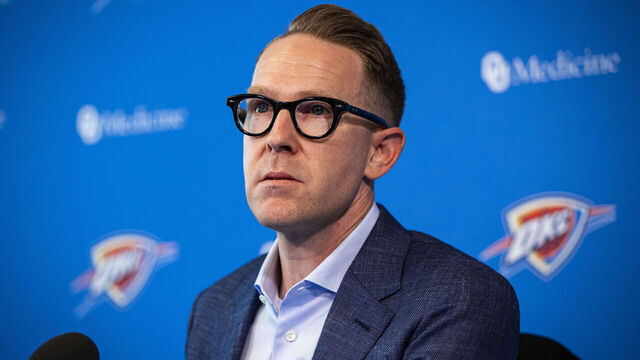 OKLAHOMA CITY, OK - JULY 25: Oklahoma City Thunder General Manager Sam Presti speaks with media at the Thunder ION on July 25, 2019 in Oklahoma City, OK. NOTE TO USER: User expressly acknowledges and agrees that, by downloading and or using this photograph, User is consenting to the terms and conditions of the Getty Images License Agreement. Mandatory Copyright Notice: Copyright 2019 NBAE (Photo by Zach Beeker/NBAE via Getty Images)
