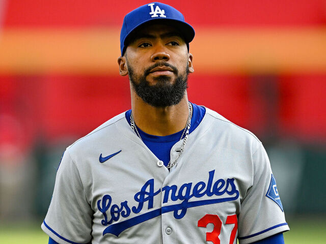 ATLANTA, GA MAY 04: Los Angeles right fielder Teoscar Hernandez (37) warms up prior to the start of the MLB game between the Los Angeles Dodgers and the Atlanta Braves on May 4th, 2025 at Truist Park in Atlanta, GA.
