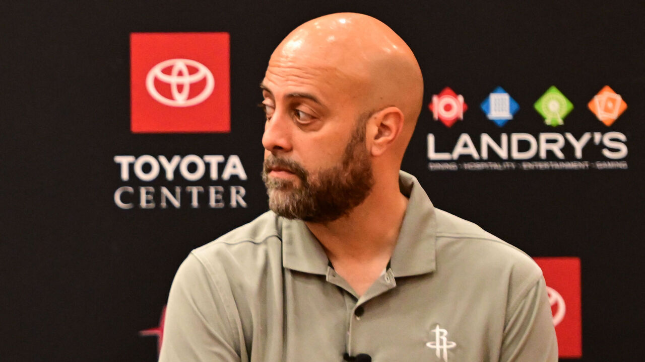 HOUSTON, TX - JULY 2: Reed Sheppard #15 and General Manager Rafael Stone of the Houston Rockets look on during a press conference on July 2, 2024 at the Toyota Center in Houston, Texas. Mandatory Copyright Notice: Copyright 2024 NBAE