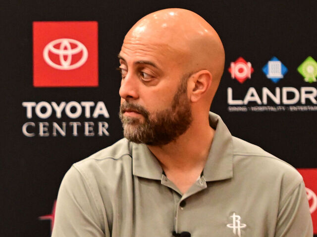 HOUSTON, TX - JULY 2: Reed Sheppard #15 and General Manager Rafael Stone of the Houston Rockets look on during a press conference on July 2, 2024 at the Toyota Center in Houston, Texas. Mandatory Copyright Notice: Copyright 2024 NBAE