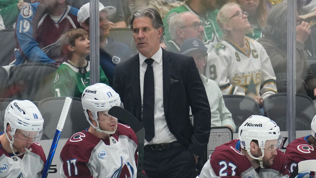 DALLAS, TX - MAY 3: Jared Bednar watches the action from behind the bench against the Dallas Stars in the second period of Game Seven of the First Round of the 2025 Stanley Cup Playoffs at the American Airlines Center on may 3, 2025 in Dallas, Texas.