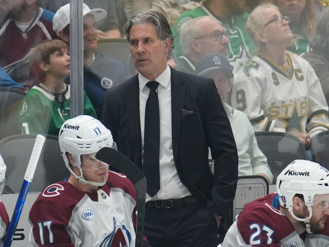 DALLAS, TX - MAY 3: Jared Bednar watches the action from behind the bench against the Dallas Stars in the second period of Game Seven of the First Round of the 2025 Stanley Cup Playoffs at the American Airlines Center on may 3, 2025 in Dallas, Texas.