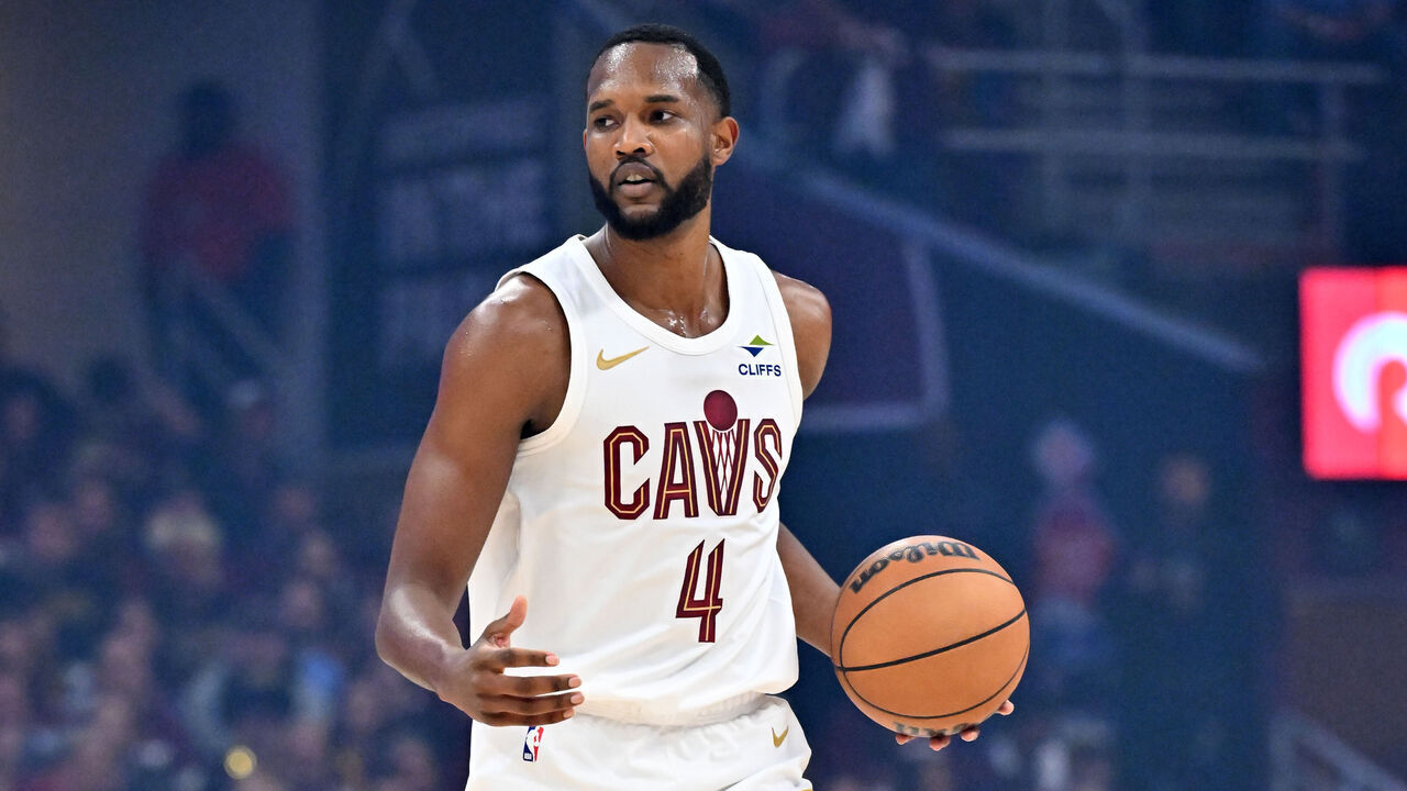 CLEVELAND, OHIO - MAY 04: Evan Mobley #4 of the Cleveland Cavaliers brings the ball up court during the first quarter of game one of the Eastern Conference Semifinals against the Indiana Pacers at Rocket Arena on May 04, 2025 in Cleveland, Ohio.