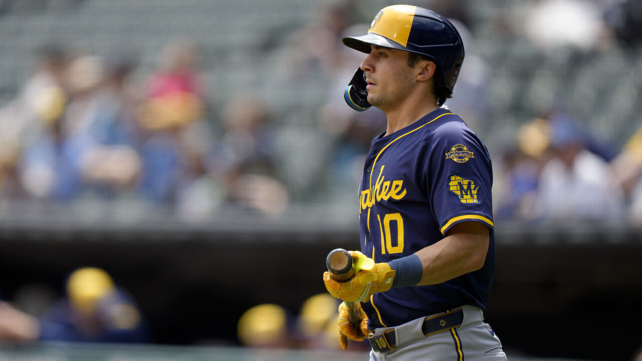 CHICAGO, ILLINOIS - MAY 1: Sal Frelick #10 of the Milwaukee Brewers stands on deck in a game against the Chicago White Sox at Rate Field on May 1, 2025 in Chicago, Illinois.