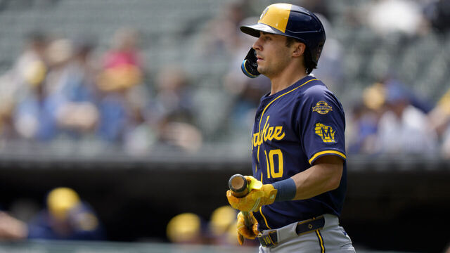 CHICAGO, ILLINOIS - MAY 1: Sal Frelick #10 of the Milwaukee Brewers stands on deck in a game against the Chicago White Sox at Rate Field on May 1, 2025 in Chicago, Illinois.