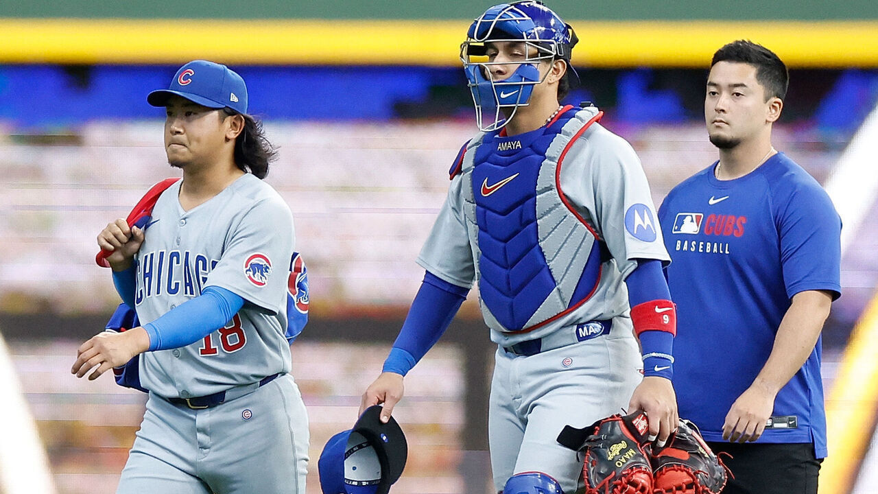 MILWAUKEE, WISCONSIN - MAY 04: Shota Imanaga #18 of the Chicago Cubs walks in to pitch before game against the Milwaukee Brewers at American Family Field on May 04, 2025 in Milwaukee, Wisconsin.