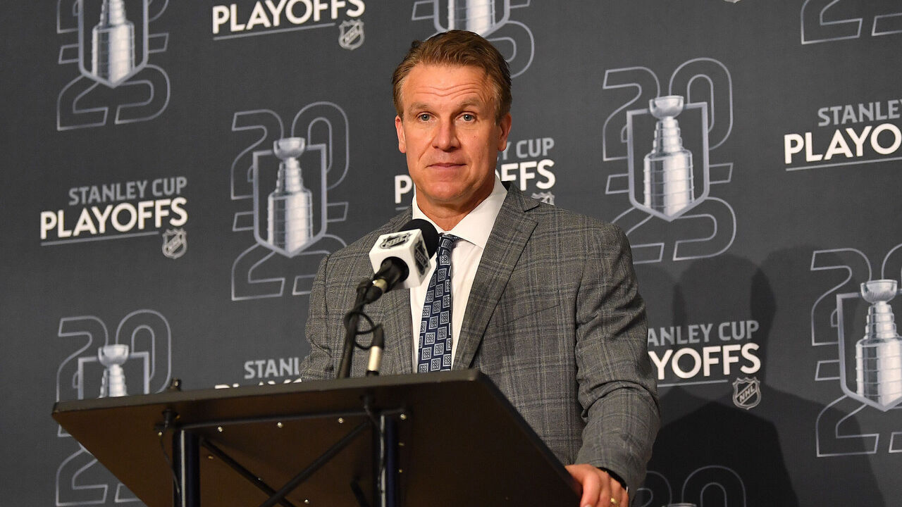 EDMONTON, CANADA - APRIL 27: Head coach Jim Hiller of the Los Angeles Kings addresses the media after his team's overtime loss against the Edmonton Oilers in Game Four of the First Round of the Stanley Cup Playoffs at Rogers Place on April 27, 2025, in Edmonton, Alberta, Canada.