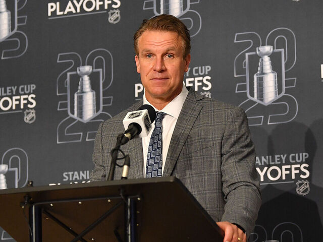 EDMONTON, CANADA - APRIL 27: Head coach Jim Hiller of the Los Angeles Kings addresses the media after his team's overtime loss against the Edmonton Oilers in Game Four of the First Round of the Stanley Cup Playoffs at Rogers Place on April 27, 2025, in Edmonton, Alberta, Canada.
