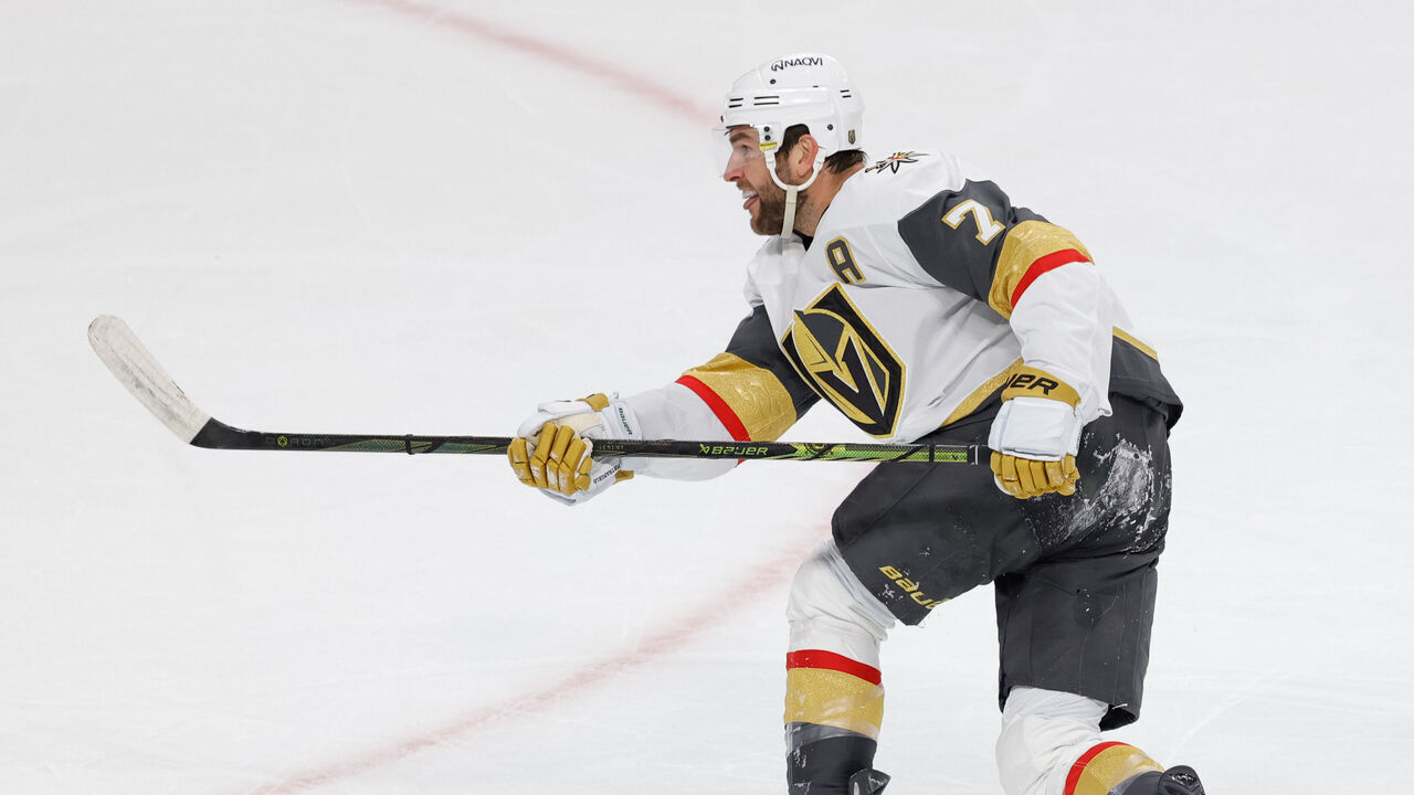 ST. PAUL, MN - APRIL 26: Vegas Golden Knights defenseman Alex Pietrangelo (7) shoots the puck during the first period of Game Four of the First Round of the 2025 Stanley Cup Playoffs between the Vegas Golden Knights and Minnesota Wild on April 26th, 2025, at the Xcel Energy Center in St. Paul, MN.