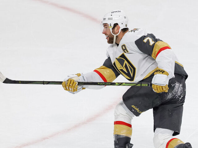 ST. PAUL, MN - APRIL 26: Vegas Golden Knights defenseman Alex Pietrangelo (7) shoots the puck during the first period of Game Four of the First Round of the 2025 Stanley Cup Playoffs between the Vegas Golden Knights and Minnesota Wild on April 26th, 2025, at the Xcel Energy Center in St. Paul, MN.