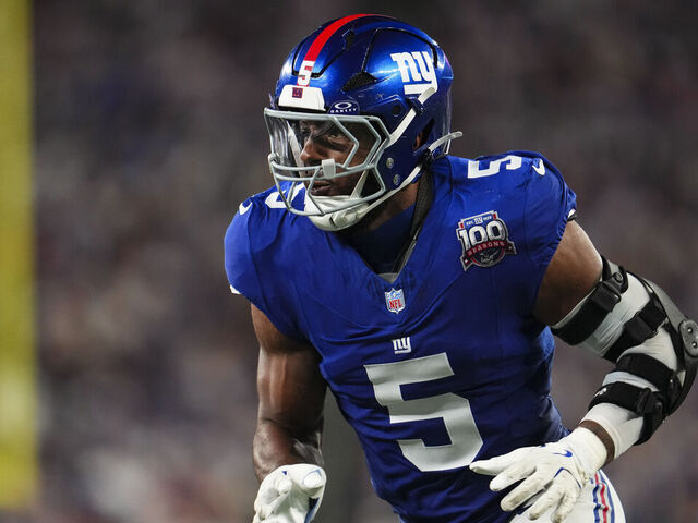 EAST RUTHERFORD, NJ - SEPTEMBER 26: Kayvon Thibodeaux #5 of the New York Giants rushes the passer during an NFL football game against the Dallas Cowboys at MetLife Stadium on September 26, 2024 in East Rutherford, New Jersey.