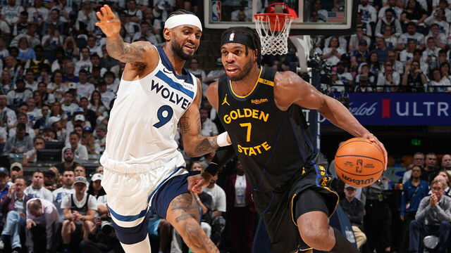 MINNEAPOLIS, MN - MAY 6: Buddy Hield #7 of the Golden State Warriors drives to the basket during the game against the Minnesota Timberwolves during Round 2 Game 1 of the 2025 NBA Playoffs on May 6, 2025 at Target Center in Minneapolis, Minnesota. Mandatory Copyright Notice: Copyright 2025 NBAE