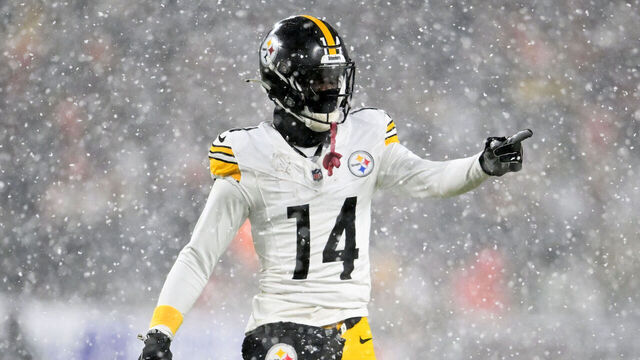 CLEVELAND, OHIO - NOVEMBER 21: George Pickens #14 of the Pittsburgh Steelers looks on during the fourth quarter against the Cleveland Browns at Huntington Bank Field on November 21, 2024 in Cleveland, Ohio.