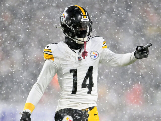 CLEVELAND, OHIO - NOVEMBER 21: George Pickens #14 of the Pittsburgh Steelers looks on during the fourth quarter against the Cleveland Browns at Huntington Bank Field on November 21, 2024 in Cleveland, Ohio.