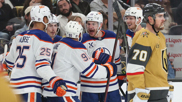 LAS VEGAS, NEVADA - MAY 06: Zach Hyman #18 of the Edmonton Oilers celebrates with teammates after a goal during the third period of Game One of the Second Round of the 2025 Stanley Cup Playoffs against the Vegas Golden Knights at T-Mobile Arena on May 06, 2025 in Las Vegas, Nevada.