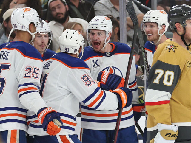 LAS VEGAS, NEVADA - MAY 06: Zach Hyman #18 of the Edmonton Oilers celebrates with teammates after a goal during the third period of Game One of the Second Round of the 2025 Stanley Cup Playoffs against the Vegas Golden Knights at T-Mobile Arena on May 06, 2025 in Las Vegas, Nevada.