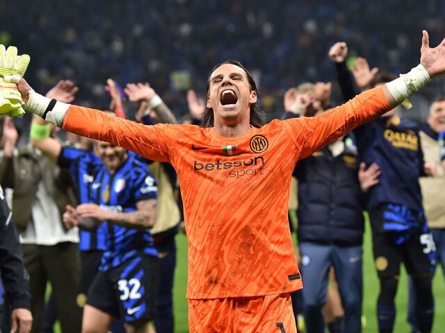 MILAN, ITALY - MAY 06: Yann Sommer of FC Internazionale celebrates the victory after the UEFA Champions League 2024/25 Semi Final Second Leg match between FC Internazionale Milano and FC Barcelona at Giuseppe Meazza Stadium on May 06, 2025 in Milan, Italy.