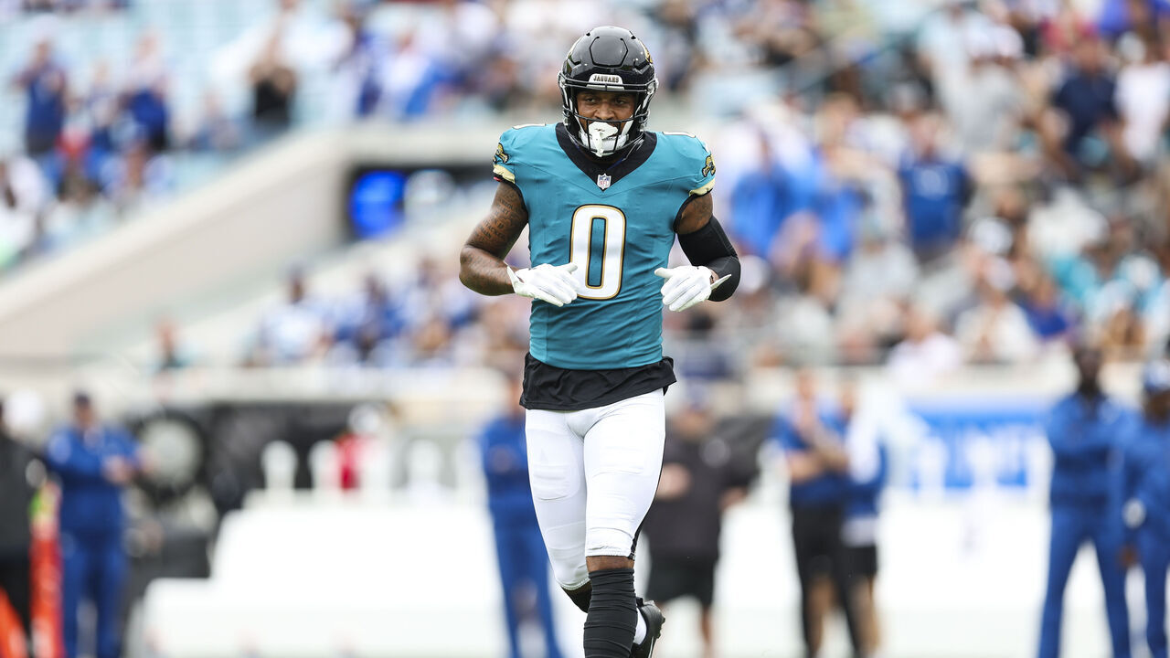JACKSONVILLE, FLORIDA - OCTOBER 06: Gabe Davis #0 of the Jacksonville Jaguars runs across the field during an NFL football game against the Indianapolis Colts at EverBank Stadium on October 6, 2024 in Jacksonville, Florida.