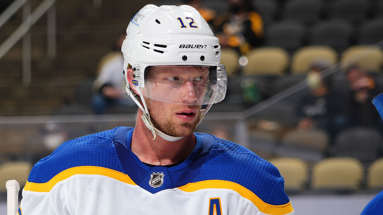 PITTSBURGH, PA - MARCH 24: Eric Staal #12 of the Buffalo Sabres looks on during the third period against the Pittsburgh Penguins at PPG PAINTS Arena on March 24, 2021 in Pittsburgh, Pennsylvania.