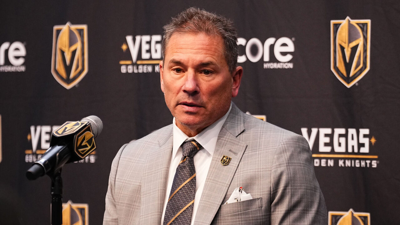 LAS VEGAS, NEVADA - JANUARY 12: Head coach Bruce Cassidy of the Vegas Golden Knights speaks with the media after a victory against the Minnesota Wild at T-Mobile Arena on January 12, 2025 in Las Vegas, Nevada.
