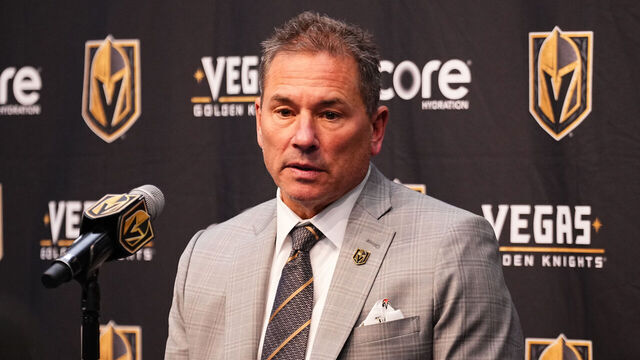 LAS VEGAS, NEVADA - JANUARY 12: Head coach Bruce Cassidy of the Vegas Golden Knights speaks with the media after a victory against the Minnesota Wild at T-Mobile Arena on January 12, 2025 in Las Vegas, Nevada.