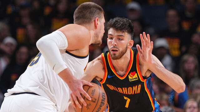 OKLAHOMA CITY, OK - MAY 5: Nikola Jokic #15 of the Denver Nuggets handles the ball while Chet Holmgren #7 of the Oklahoma City Thunder plays defense during the game during Round Two Game One of the 2025 NBA Playoffs on May 5, 2025 at Paycom Center in Oklahoma City, Oklahoma. Mandatory Copyright Notice: Copyright 2025 NBAE