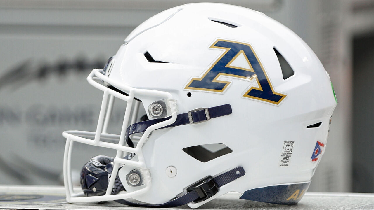 COLUMBUS, OH - AUGUST 31: An Akron Zips helmet sits on the sideline during the game against the Akron Zips and the Ohio State Buckeyes on August 31, 2024, at Ohio Stadium in Columbus, OH.