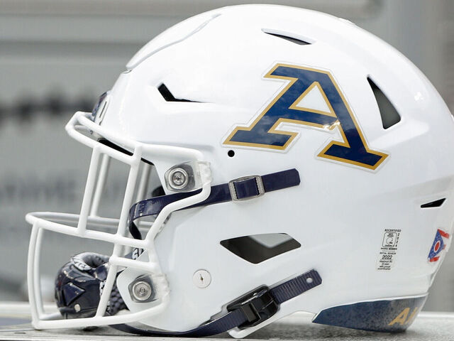 COLUMBUS, OH - AUGUST 31: An Akron Zips helmet sits on the sideline during the game against the Akron Zips and the Ohio State Buckeyes on August 31, 2024, at Ohio Stadium in Columbus, OH.