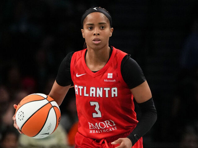 BROOKLYN, NY - SEPTEMBER 24: Jordin Canada #3 of the Atlanta Dream dribbles the ball during the game against the New York Liberty during the 2024 WNBA Playoffs on September 24, 2024 in Brooklyn, New York. Mandatory Copyright Notice: Copyright 2024 NBAE